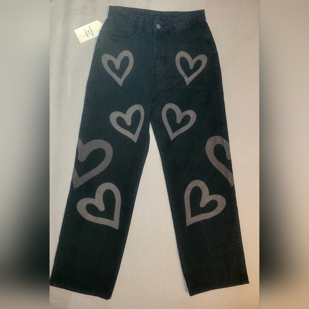 NWT Black Jeans with Heart Pattern